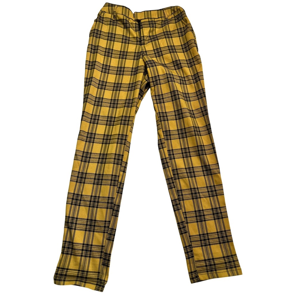 Hot Topic Pants Womens Small Yellow Black Plaid Tartan Stretch Slim Pockets